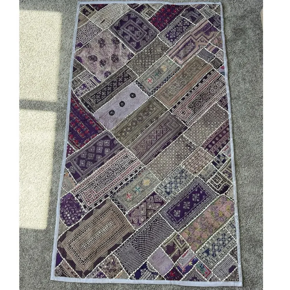 VTG Handmade Indian Patchwork Wall Hanging Rug Mirror Work Embroidered Textile